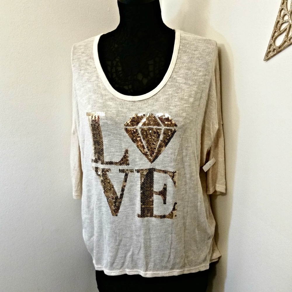 <3 LA BANGA USA Blouse Top Womens Size L Tan Beige